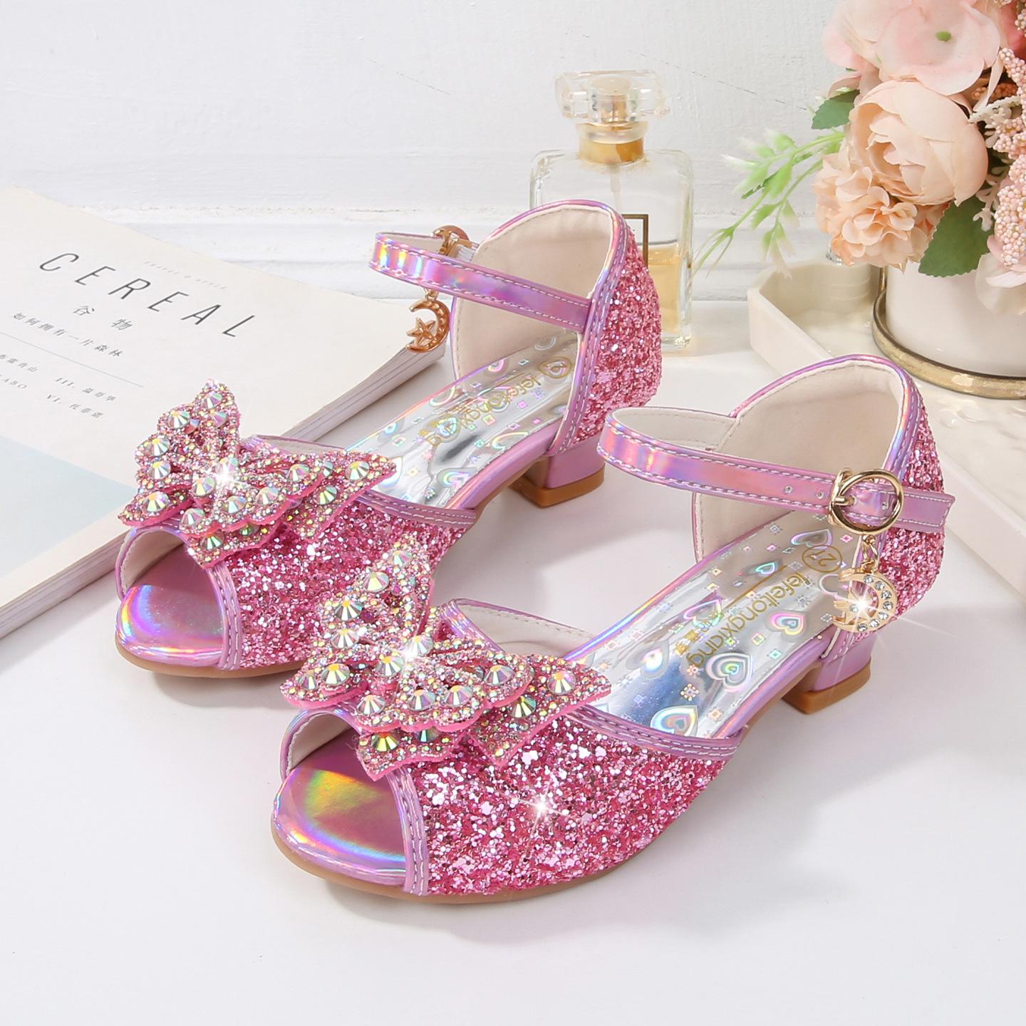 

Butterfly flower sandals New style little girl high-heeled shoes with shiny bow children s sandals 38 рожевий