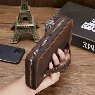 Portafoglio da Uomo in Pelle Retro Pochette Multifunzione con Cerniera Borsa per Cellulare in Pelle Crazy Horse Portafoglio Lungo