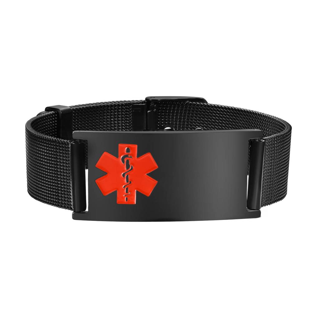 Free Personalized Medical Alert ID Bracelets for Men, Waterproof 10mm/16mm Wide Stainless Steel Mesh Band Wristband ICE Jewelry