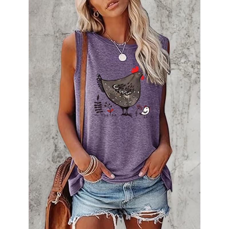 Women's Printed Tank Top T-shirt with Patterned Short Sleeves, Women's Sleeveless Round-neck T-shirt