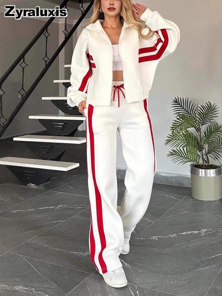 Autumn  Striped Zipper Jacket Casual Sports Set Women