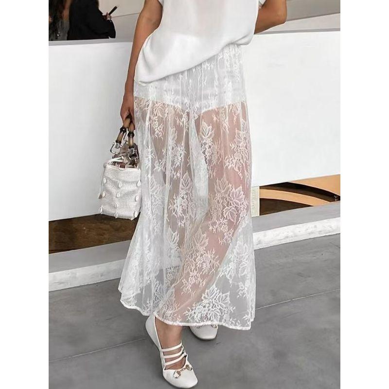

European and American New Sexy Brocade Lace Perspective White Jacquard Versatile Skirt Sexy Lace Half Skirt White L