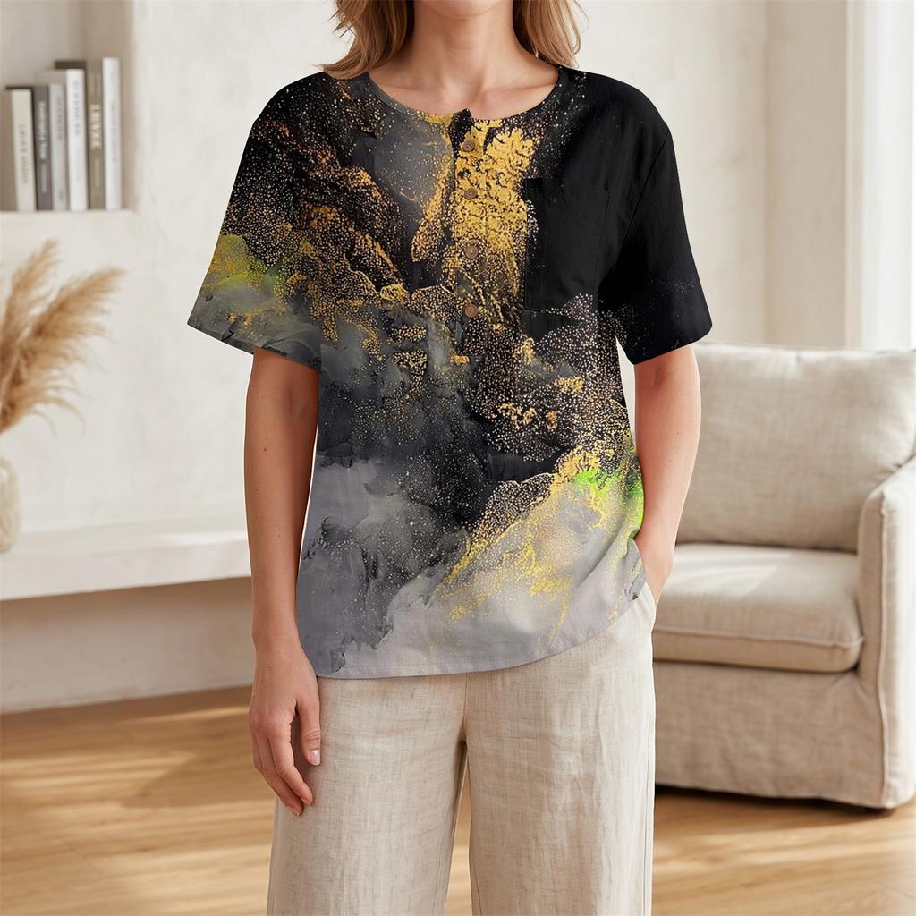 Women's Short Sleeve Henley Neck Shirt with Chest Pocket Lightweight Cotton Linen Fabric Printed Pattern Casual Top for Everyday Wear