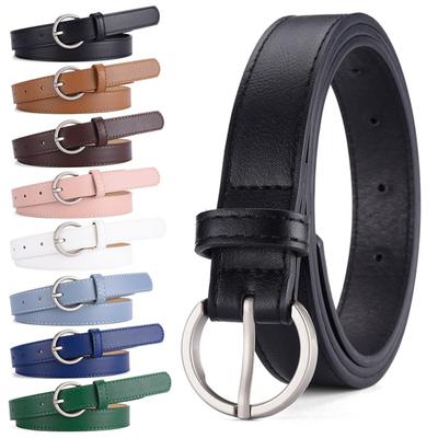 Women Belt Multi Holes Adjustable Length Round Buckle Faux Leather Waistband Dresses Shirts Sweaters Jeans Thin Belt