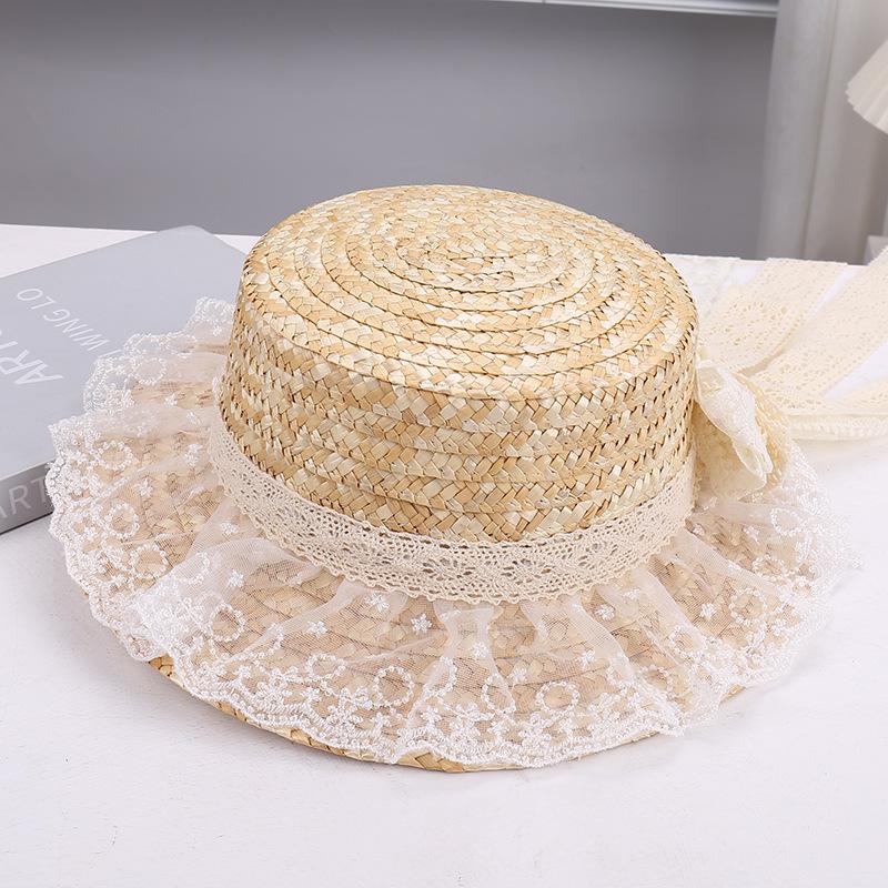 Women's Elegant Straw Hat with Lace Trim & Bow Ribbon, Fresh Style Versatile Outdoor Travel Sun Cap, Breathable UV Protection