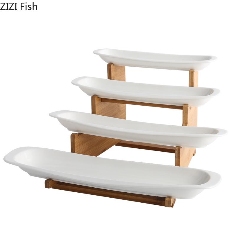 Step Shape Ceramic Plates Snacks Bowl Set Dessert Plate Wooden Ladder Fruit Dish Dinner Porcelain Cake Tray Food Tableware