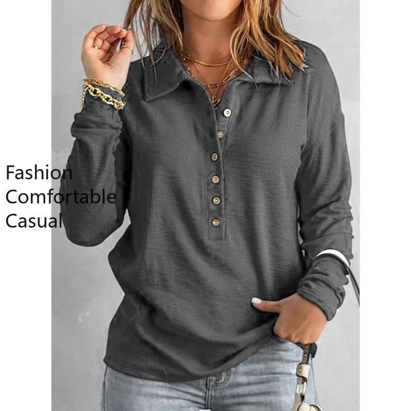 Women's Fashion Casual Spring Autumn Solid Color Print Long Sleeve POLO Neck Blouses & Shirts