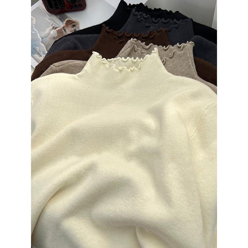 Semi-turtleneck Stacked with Fungus Edge Knitted Sweater, Soft Waxy Sweater, Female Slim Body with Long-sleeved Autumn and Winter Bottoming Top
