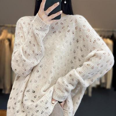 Damski sweter z czystej wełny i kaszmiru, z okrągłym dekoltem, luźny, ażurowy