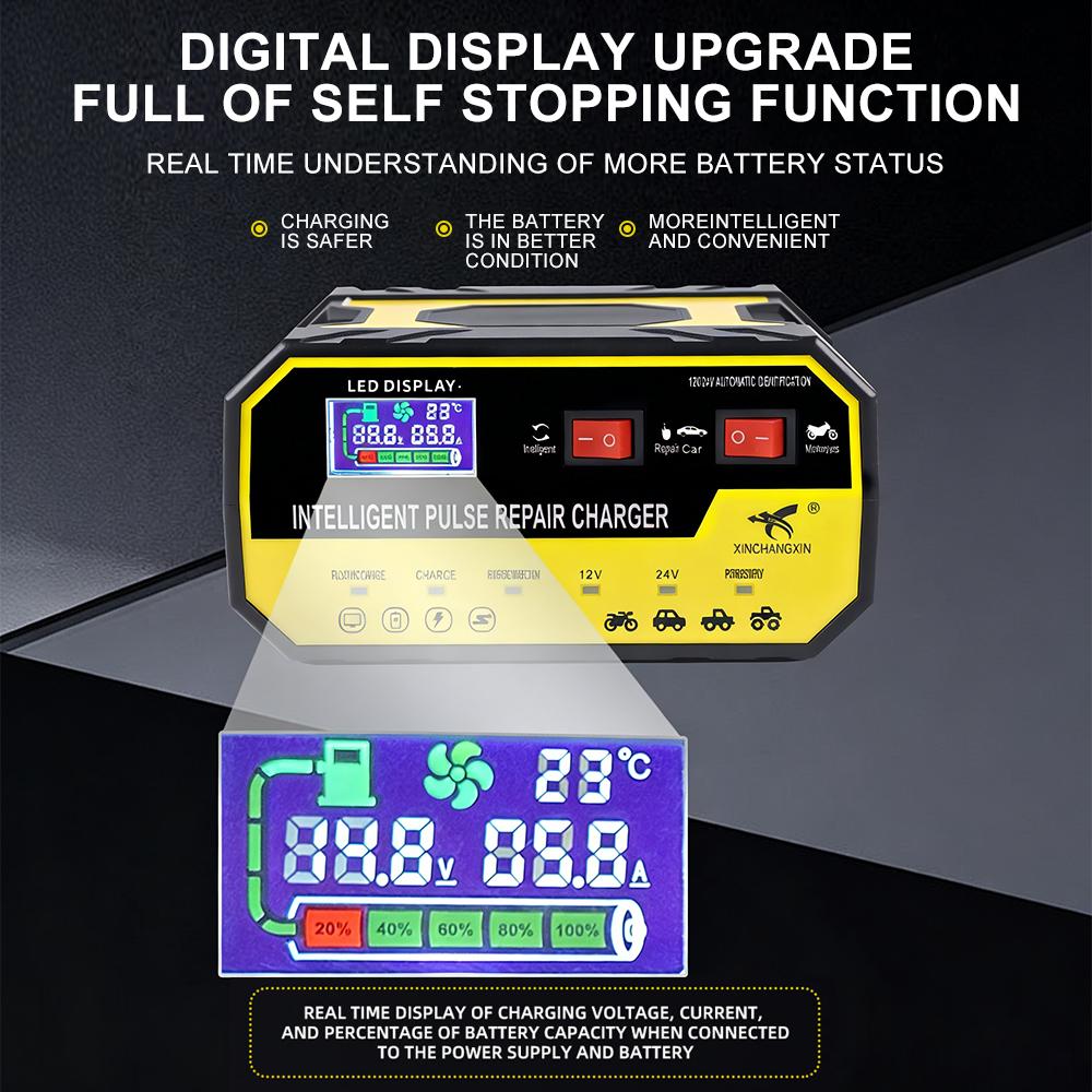 EU-Stecker Überspannungsschutz Intelligente Pulsreparatur Multifunktional 12V 24V 8A Autobatterieladegerät Automatischer Stopp Spannungs- und Temperaturerkennung