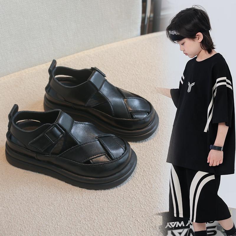 Unisex Closed Leather Sandals For Children New Summer Kids' Thick-Soled Beach Shoes Anti-Slip Simple And Classic