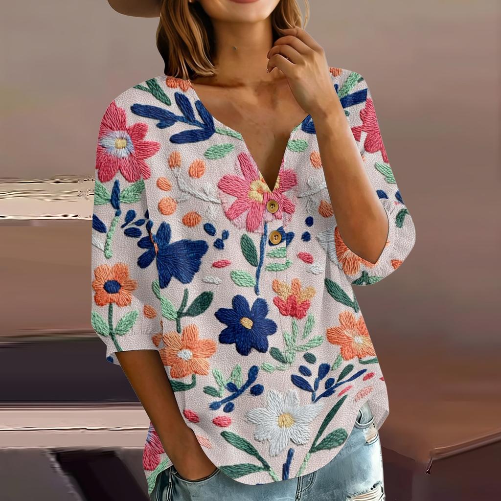 Women’s Casual Floral Print Henley Neck 3/4 Sleeve Cotton Linen Shirt with Button Front Loose Fit Blouse for Spring Summer Wear