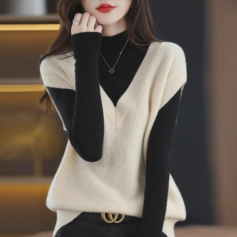 

Женский мягкий вощеный трикотажный жилет - весна 2023 года, свитер с V-образным вырезом, жилет для весны и осени One Size абрикосовый
