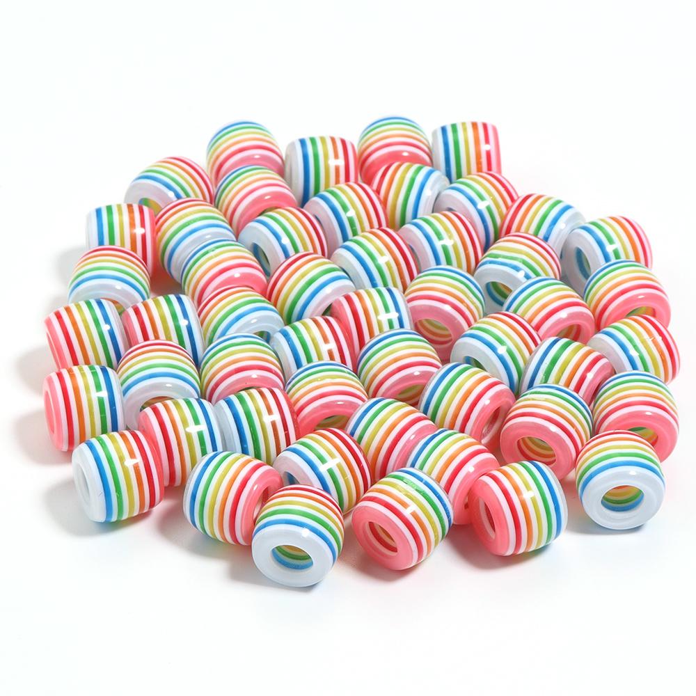 50pcs/Lot Rainbow Color Stripe Resin Beads Barrel Shape Loose Spacer Beads For Jewelry Making DIY Bracelet Necklace Accessories