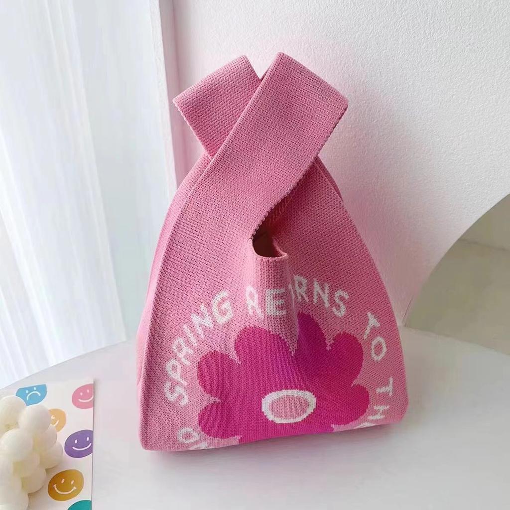Ins Internet celebrity handbag women's knitted wool bucket bag Japanese and Korean version versatile hand carry casual tote bag box lunch bag