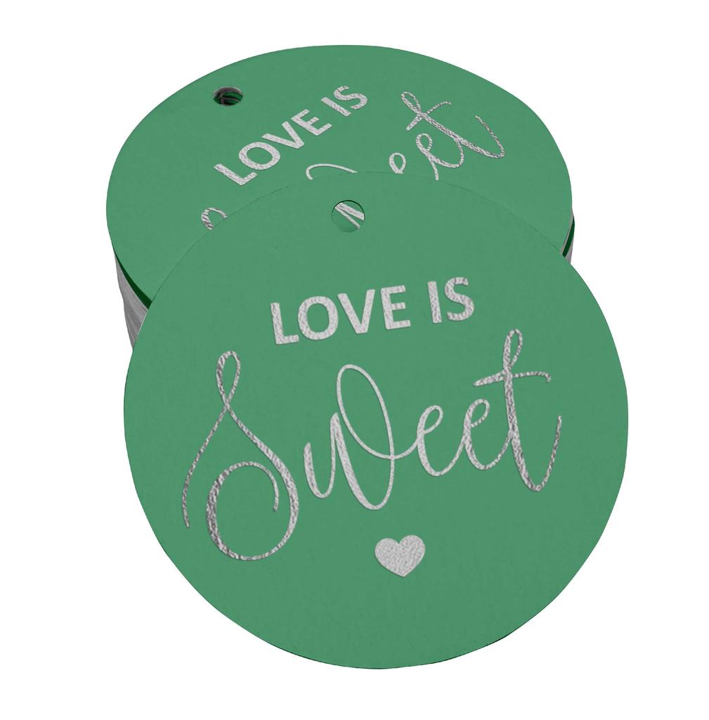 Inkdotpot 100 - Confezione da 100 etichette in carta stagnola color oro vero Love Is Sweet bomboniera da appendere
