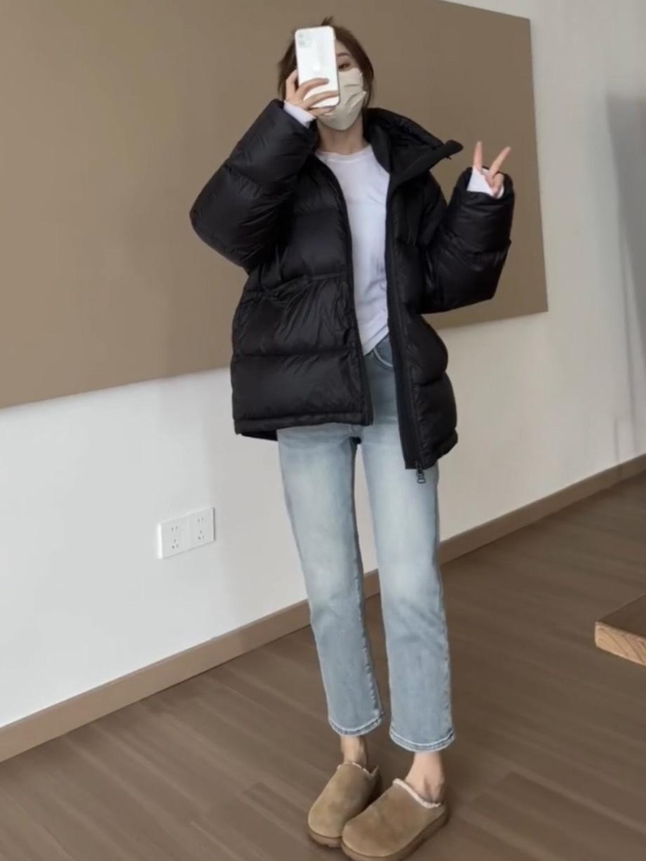 

Hooded down jacket women s 2025 winter new loose and light small warm white duck down bread jacket M чёрный