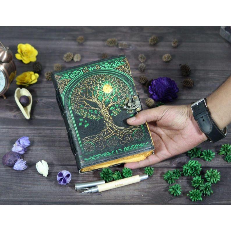 Tree of Life Leather Journal: Grimoire Spell Book with Vintage Lock