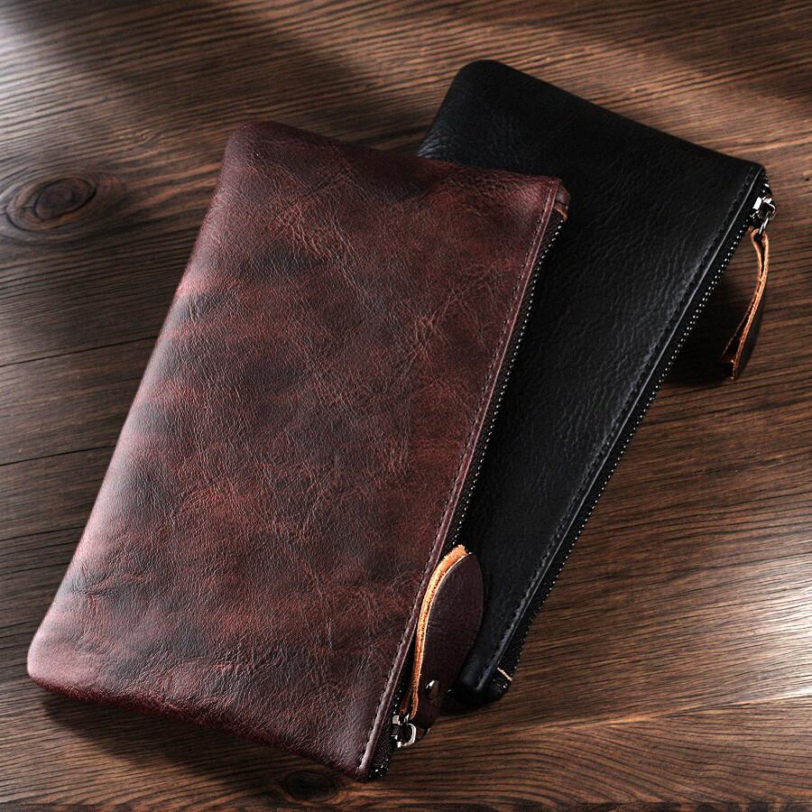 Ultra Thin Wallet Men's and Women's 6-inch Mobile Phone Bag Zipper Long Design Large Capacity Fashionable and Casual Top Layer Cowhide Clutch Bag