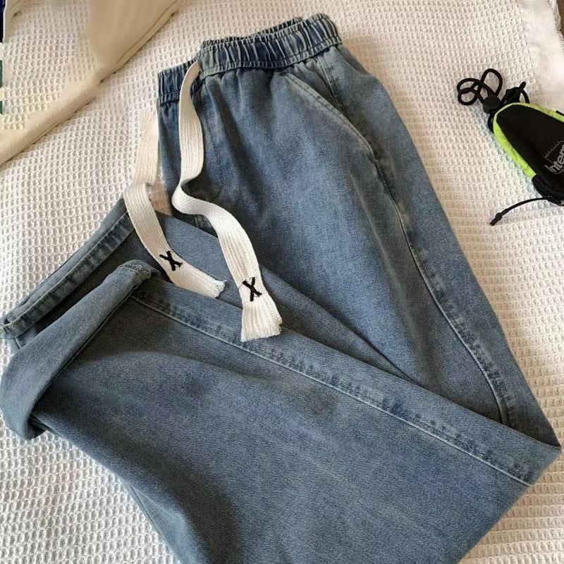 

Мужские свободные прямые широкие брюки, летние американские уличные тканые джинсы со шнурком, большие размеры