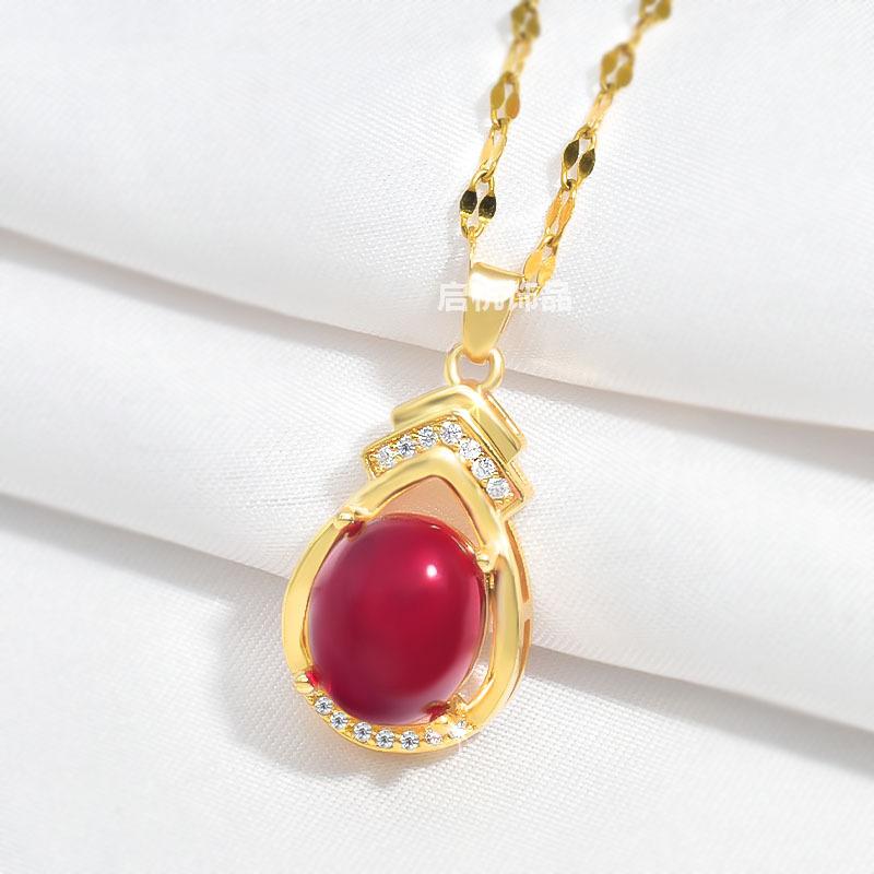 Water Drop Necklace Women'S High Sense Retro Versatile Ruby Pendant Exquisite Collarbone Chain
