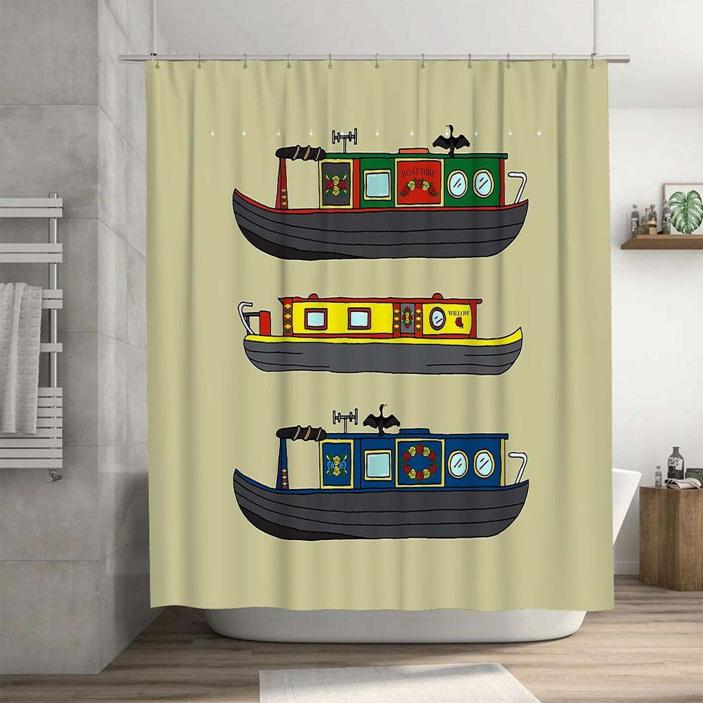 Vintage Canal Boat Shower Curtain Nautical Bathroom Decor Waterproof Liner Set Artistic River Scene Home Decor