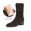 Krazing Pot Cow Suede Nubuck Round Toe Thick Heels Western Boots Size 42 Slip on Women Pleated Decoration Mid-calf Boots