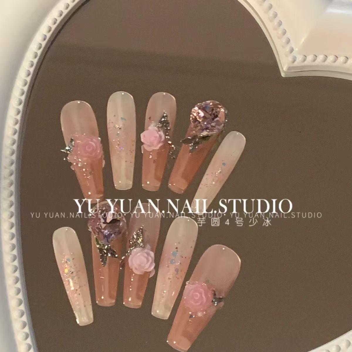 Red Bean Nude Pink Rose Press-On Nails: New Chinese Style, Long Ladder Design, Handmade Nail Art with Blush Tones. Small