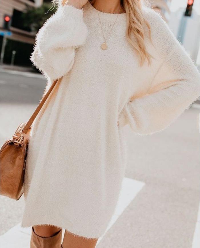2025 Autumn Winter Women's Plush Dress Long Sleeve Round Neck Loose Mid-Length Fashion