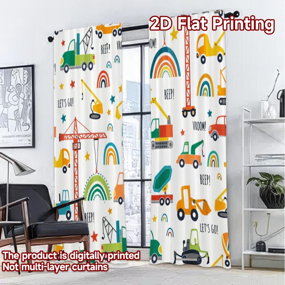 2D-Flachdruck, 2-teilige Vorhänge (Ohne Stange) Baufahrzeuge und Regenbögen Beliebter Minimalistischer Vorhangstoff Vorhänge Geschenk