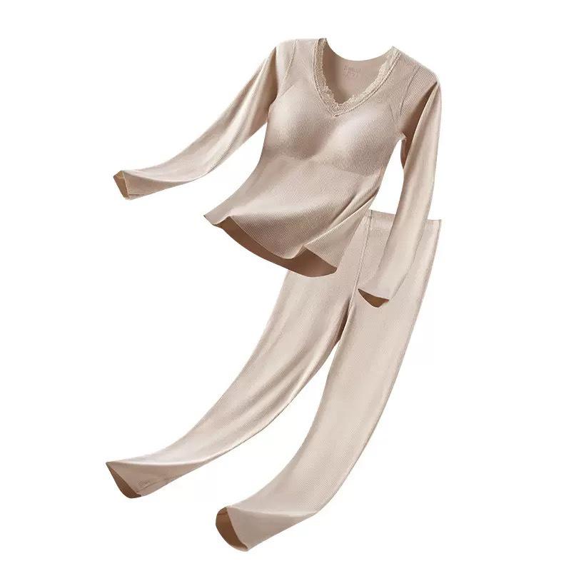 Women's Cashmere Silk Lace Seamless Thermal Set with Chest Pads: Slimming Base Layer for Autumn/Winter