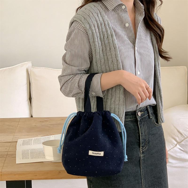 Woolen small polka dot drawstring bundle mouth bag portable small bag going out shopping sundries portable bento bag