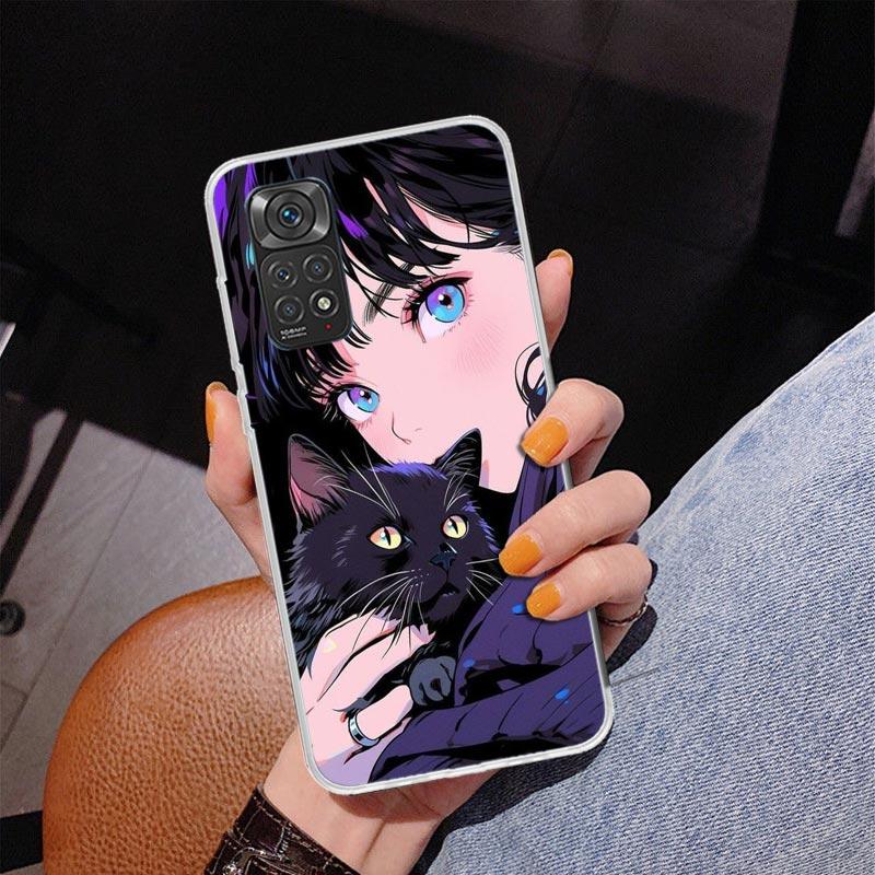 Anime Mädchen Süße Schwarze Katze Handyhülle Für Xiaomi Redmi Note 15 14 13 12S 12 11 Pro Plus 14S 11S 11E 10 10S 11T 5G Personalisiert C