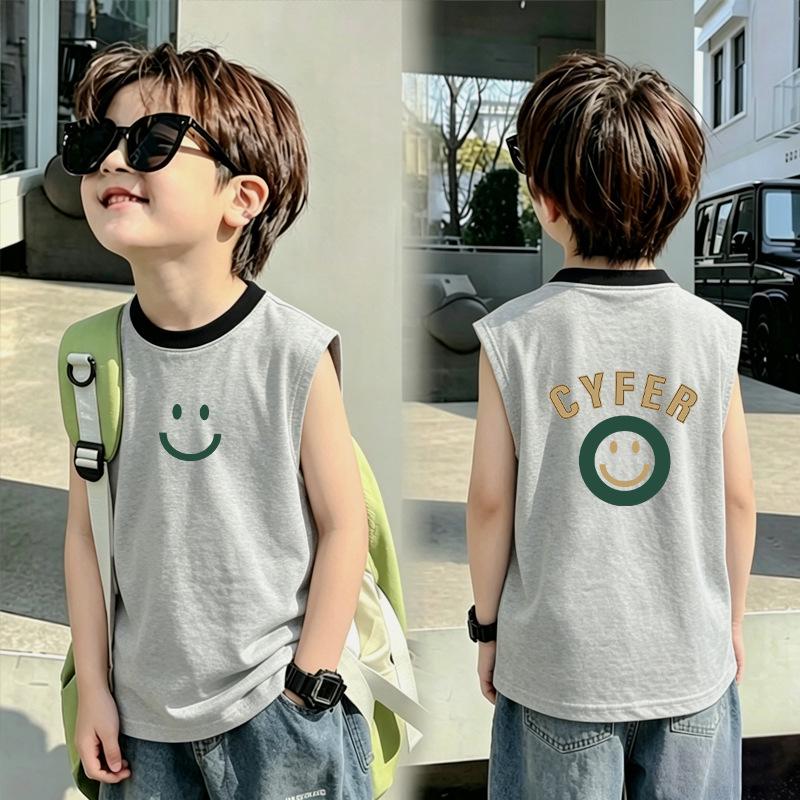Boys' Contrast Color Cotton Vest T-shirt - Summer 2026 New Arrival, Medium/Large Sizes, Patchwork Sleeveless Top