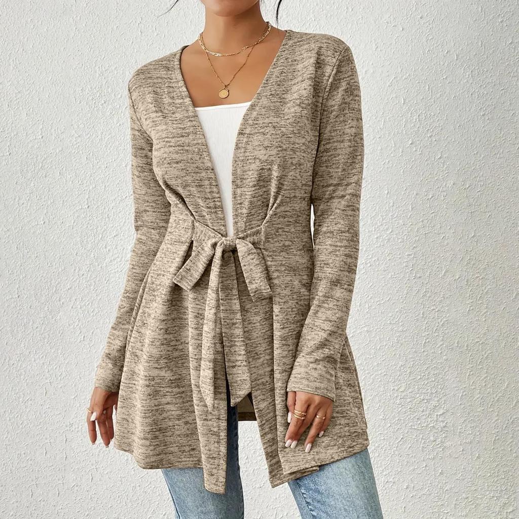 Women's Fashion Solid Color Long Sleeve Tie Casual Loose Cardigan Tops Jacket