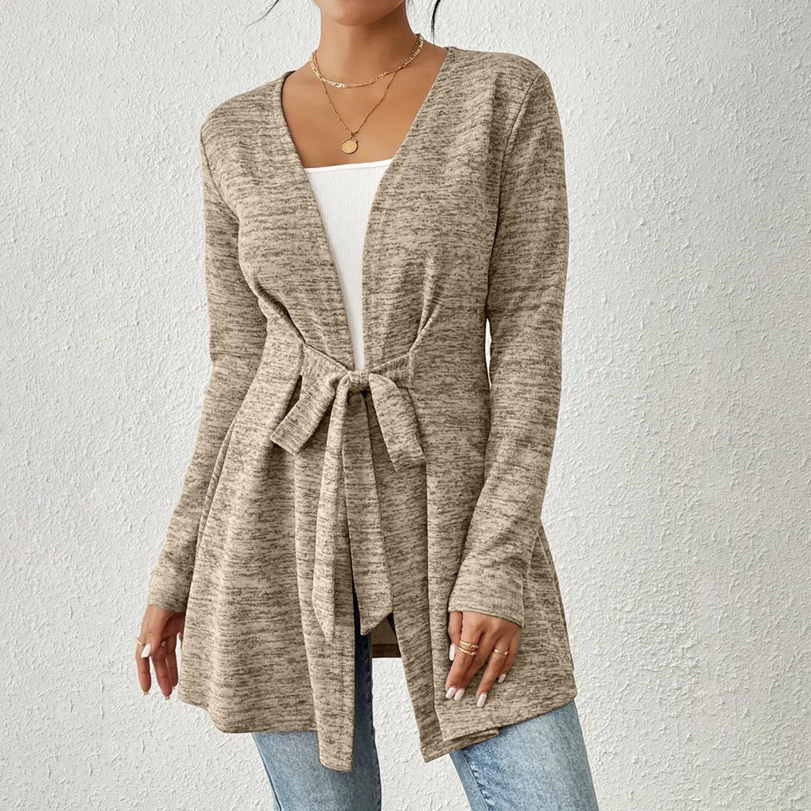 

Женская мода однотонный кардиган с длинным рукавом и завязками повседневный свободный топ куртка XXL бежевый