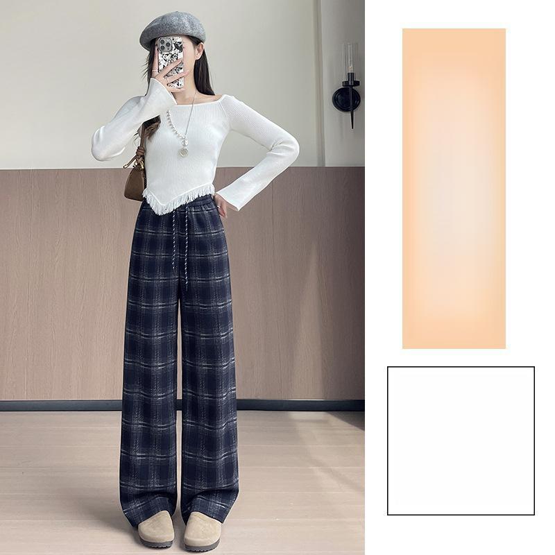 

Узкие прямые клетчатые шерстяные брюки из ацетата для женщин, Новые осенне-зимние ретро ленивые хлопково-шерстяные брюки широкого покроя 5XL синий