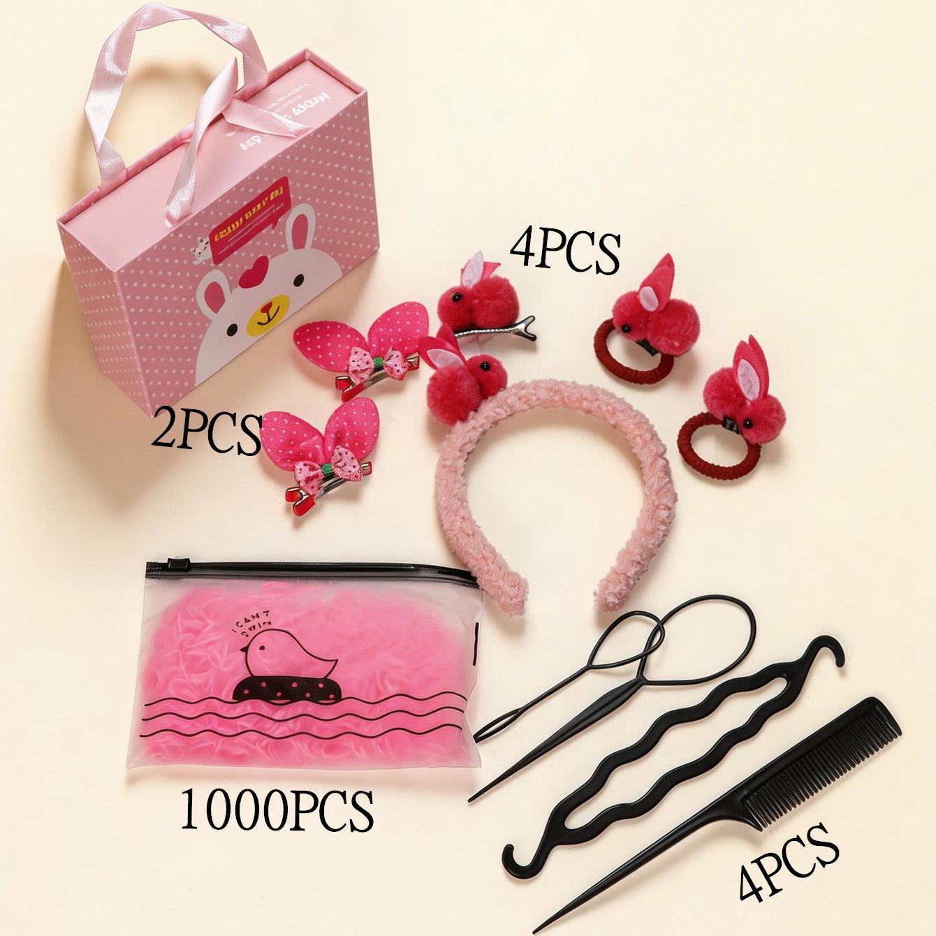 

Premium gift box Cute Pink Rabbit Hair Accessories Gift Set for Girls Bunny Ear Headband Plush Scrunchies Hair Clips with Styling Tools