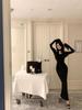 Elegant 2026 French Hepburn Black One-Shoulder Long Dress for Women - High-End Sexy Bodycon Gown for Spring and Autumn