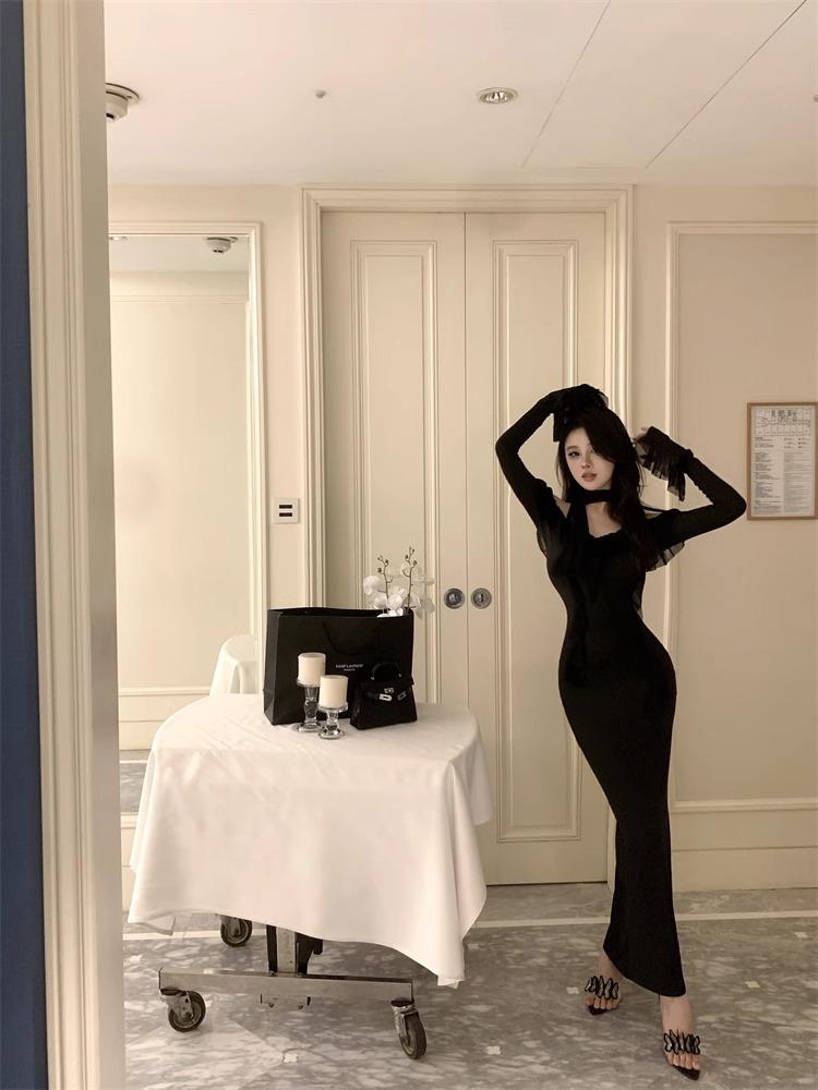 Elegant 2026 French Hepburn Black One-Shoulder Long Dress for Women - High-End Sexy Bodycon Gown for Spring and Autumn