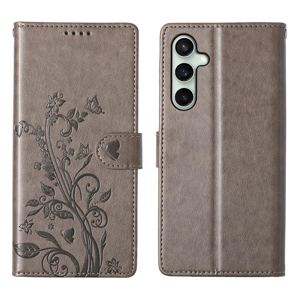 For Samsung Galaxy S25 FE Wallet Case Butterfly Floral Imprint PU Leather Phone Cover with Wrist Strap