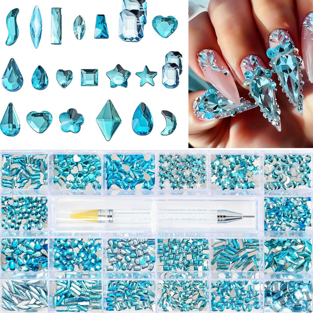 1000pcs/Set Lake Blue Multi Size Luxury Rhinestone Nail Jewelry 3D Flat-back Mixed-Shape Shinying Crystal Dimond Manicure Stone