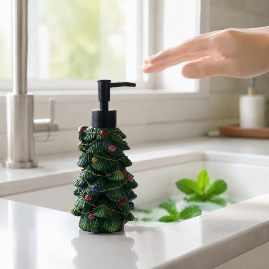 Christmas Tree Soap Dispenser Resin Dispenser, Refillable Liquid Hand Shampoo Lotion Pump Bottle Container, Empty for Bathroom Kitchen Countertop