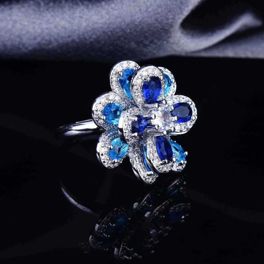 Temperament Color Zircon Flower Set, Stud Earrings, Simple Three-Dimensional Camellia Pendant, Open Ring.