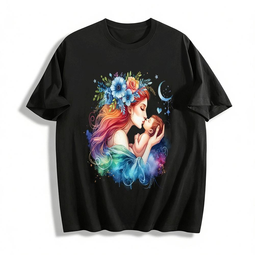 Mother And Baby Kissing Floral Print Casual Top Pure cotton T-shirt XXS