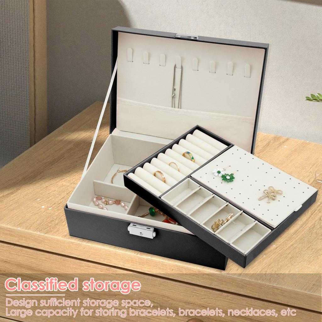 Large Jewelry Storage Box 2 Layers Jewelry Storage Boxes With Lock For Jewelry Necklace Earring Bracelet Leather Jewelry Boxes
