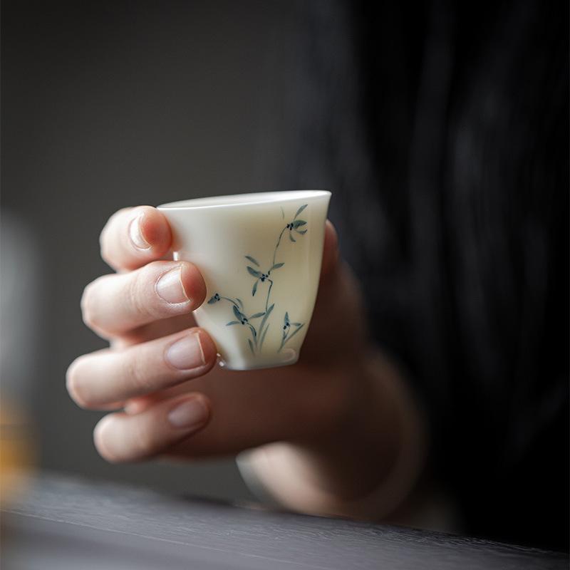 Ceramic Jade Clay Orchid Single Cup White Porcelain Chinese Style Kungfu Tea Cup Hand-painted Orchid Small Tea Cup