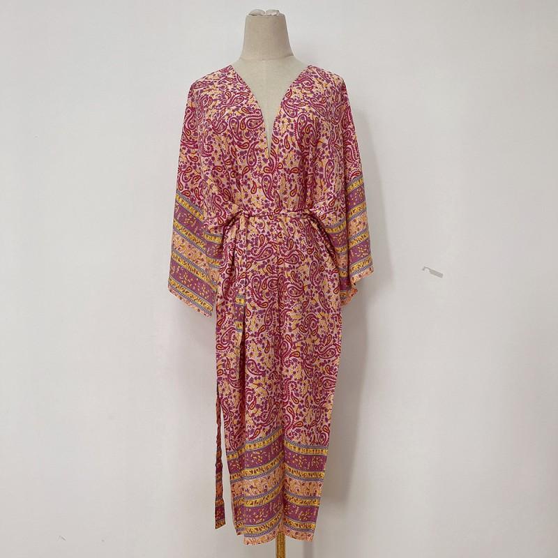 Womens Cotton Printed Beach Cover Up Dress With Waist Tie UPF Sun Protection Kimono Style Swimwear Set