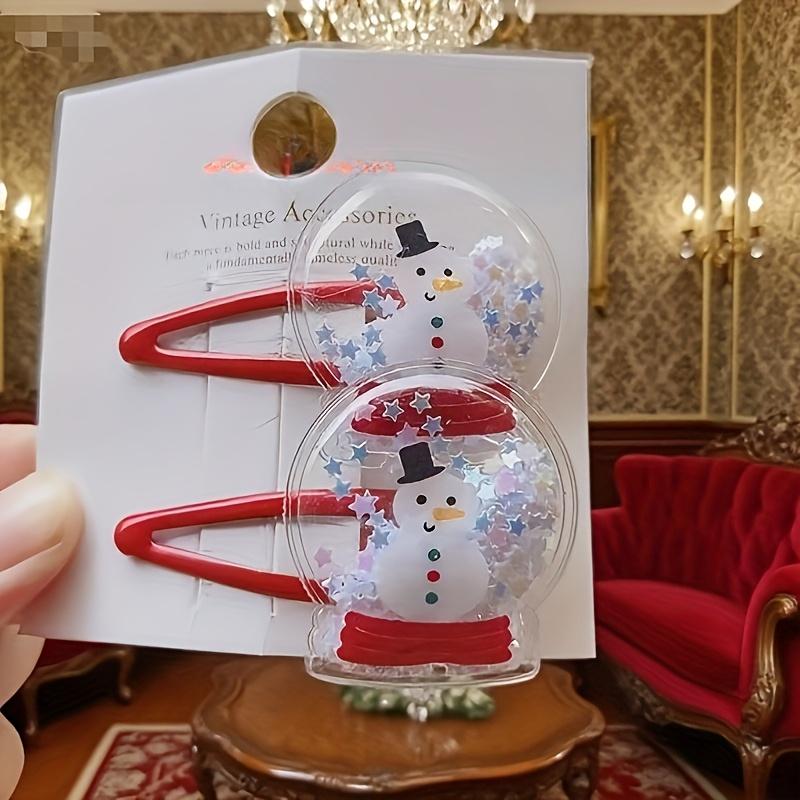 1 Pair Cute Christmas Hair Clips for-Snowman,Reindeer & Tree Hair Accessories with Glittery Red Elastics,Ponytail & Bangs Clips