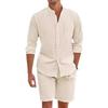 Men's 2 Pcs Sets Daily Casual Cotton Linen Outfits Vintage Stand Collar Button-up Shirts and Shorts Sets for Men Clothing Summer